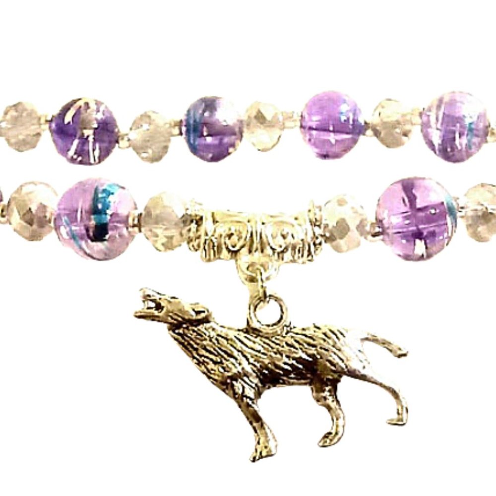 Crystal and Glass Wolf Charm Beaded Bracelet